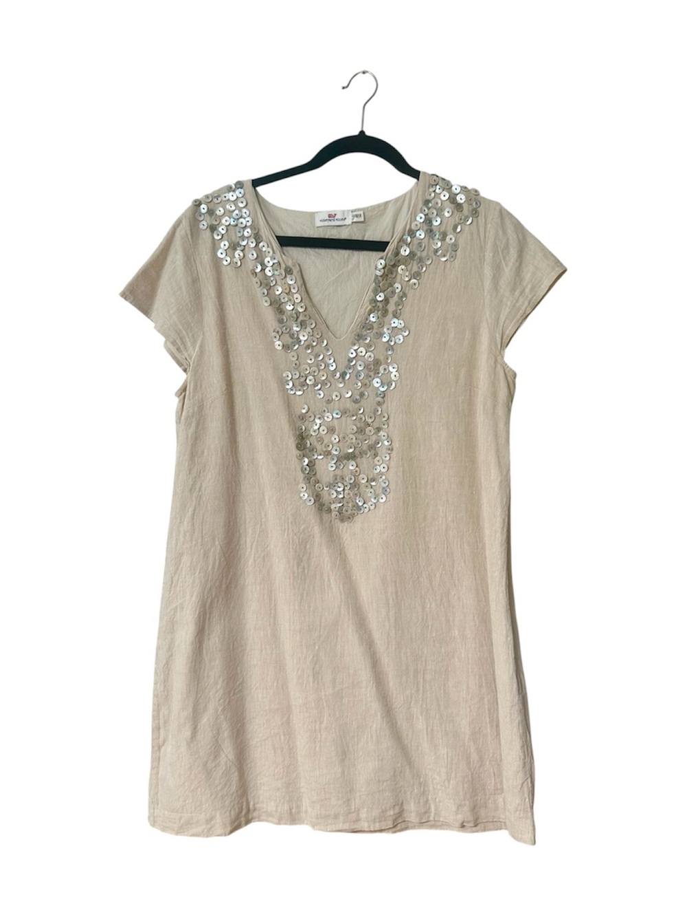 Vineyard Vines Beige Sequin V-Neck Mini Dress